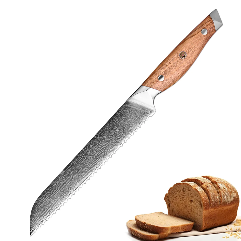 

Professional 8 Inch Bread Knife 67-layer Damascus Steel Sharp Kitchen Cooking Knife Serrated Bread Toast Knife Olive Wood Handle