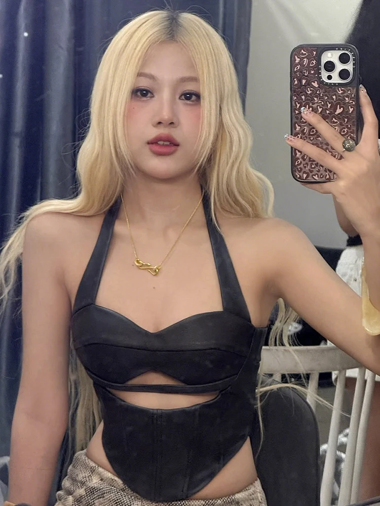 

Macheda Backless Sexy Hollow Vest Women Halter Low-Neck Leather Fake Fish Bone Decoration Midnight Hottie Street Hotsweet Tops