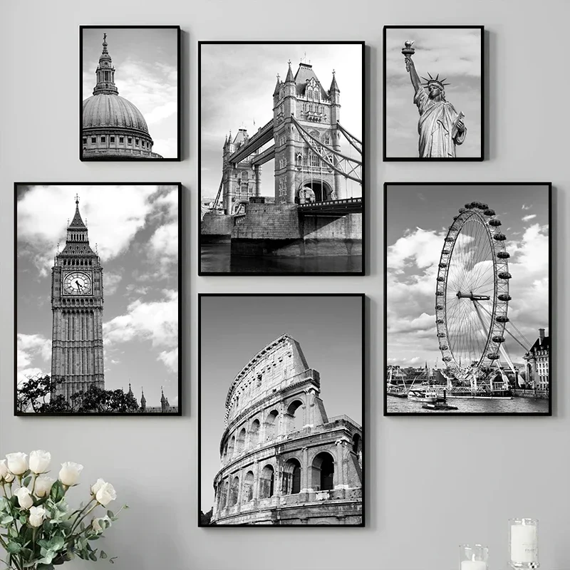 (2D Canvas painting) Black and White London Tower Bridge Rome New York Poster Prints Canvas Painting Wall Art Picture for Liv