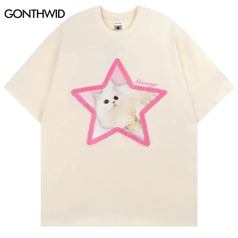 Harajuku T-Shirt Y2K Embroidery Star Cute Cat Graphic Print Unisex Streetwear Tshirt Men Fashion Summer Loose Casual Top Couple