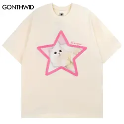 Harajuku T-Shirt Y2K Embroidery Star Cute Cat Graphic Print Unisex Streetwear Tshirt Men Fashion Summer Loose Casual Top Couple