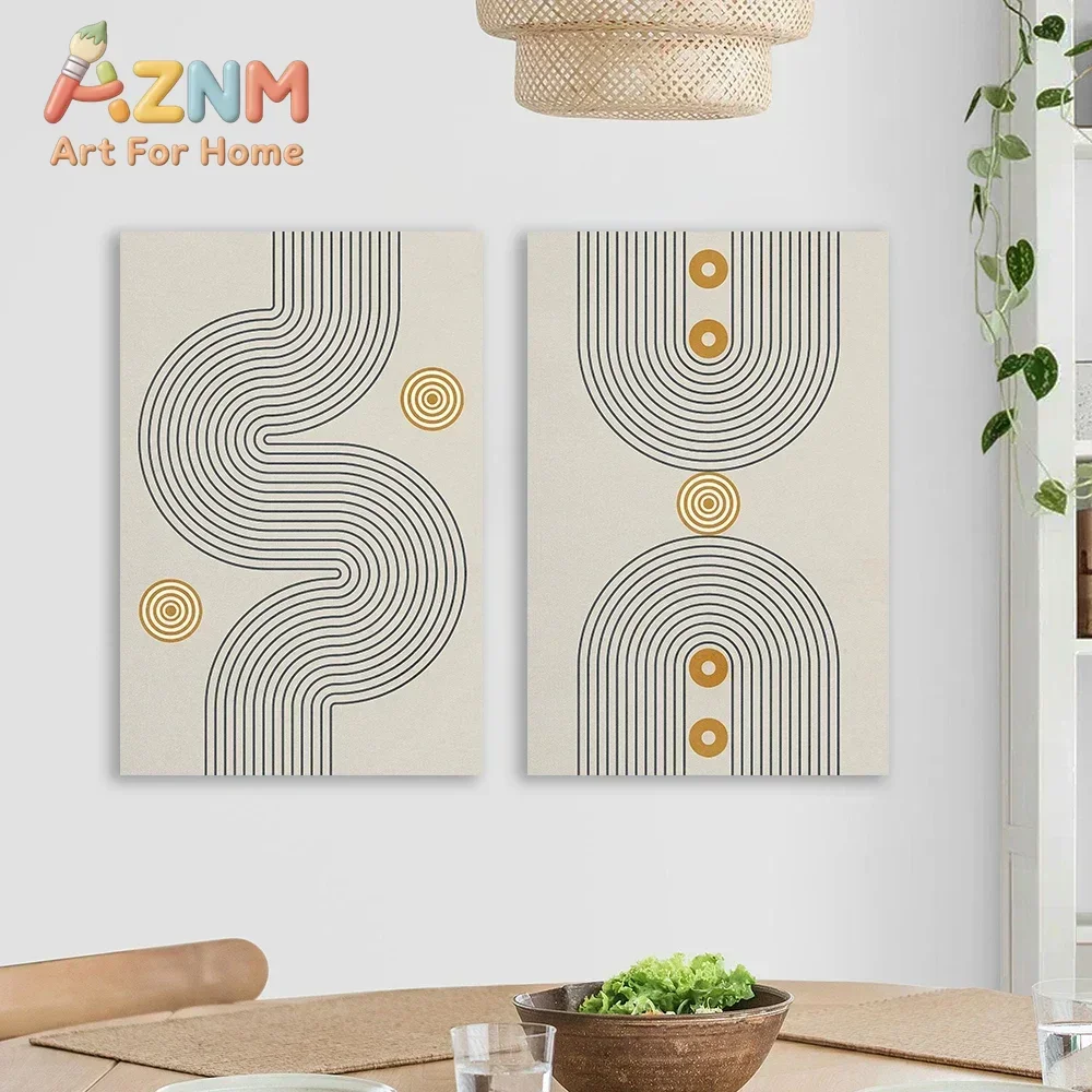 AZNM Black Gold Abstract Line Canvas Wall Art Boho Geometric Curved Line Print Poster Minimalist Neutral Home Decor