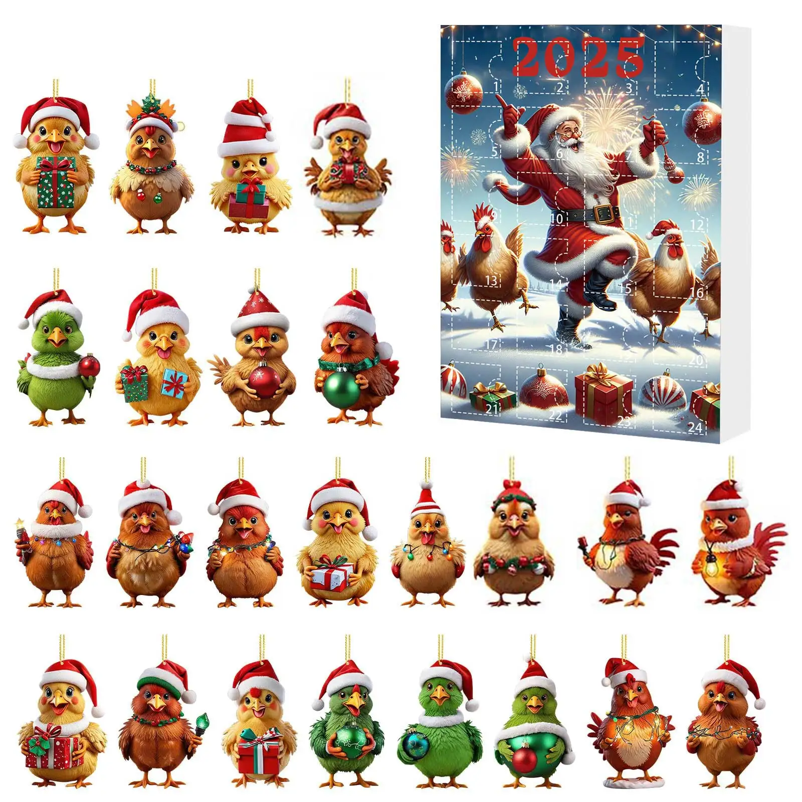 24 Hours Watch 2025 Christmas Countdown Calendar Mini Chicken Shaped Acrylic Flat Hanging Piece Holiday Countdown Calendar Adult