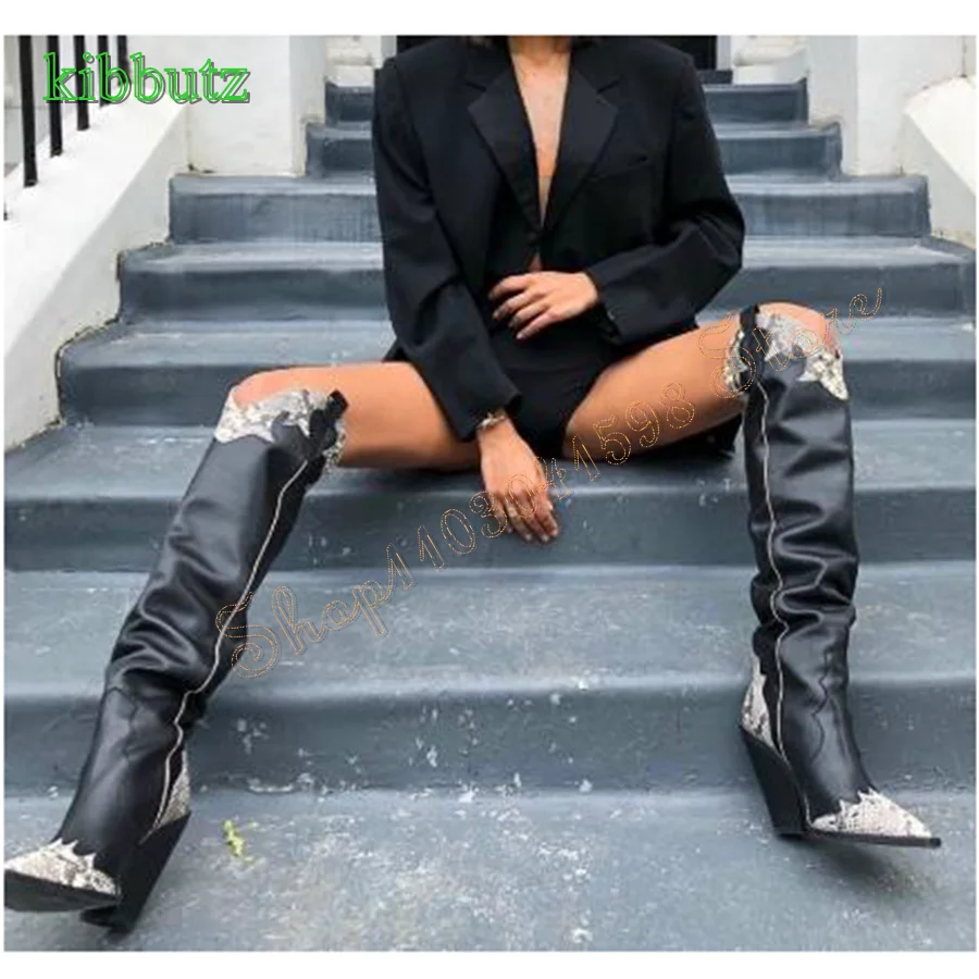 Snake Print Leather Heel Boots,Pointed Toe Chunky Heel Over The Knee Boots Zipper Women\'s Boots 2024 New Zapatos Para Mujere