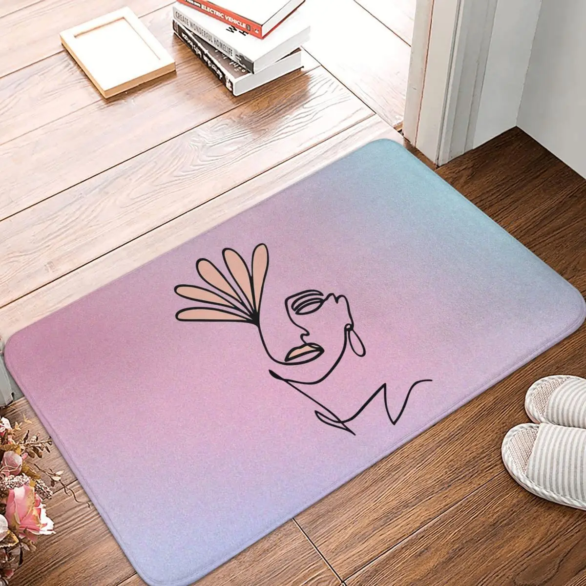 

Rainbow Colors Woman With Flowers Minimal Line Art, Doormat Rug carpet Mat Footpad Bath mat Non-slip toilet durable Washable