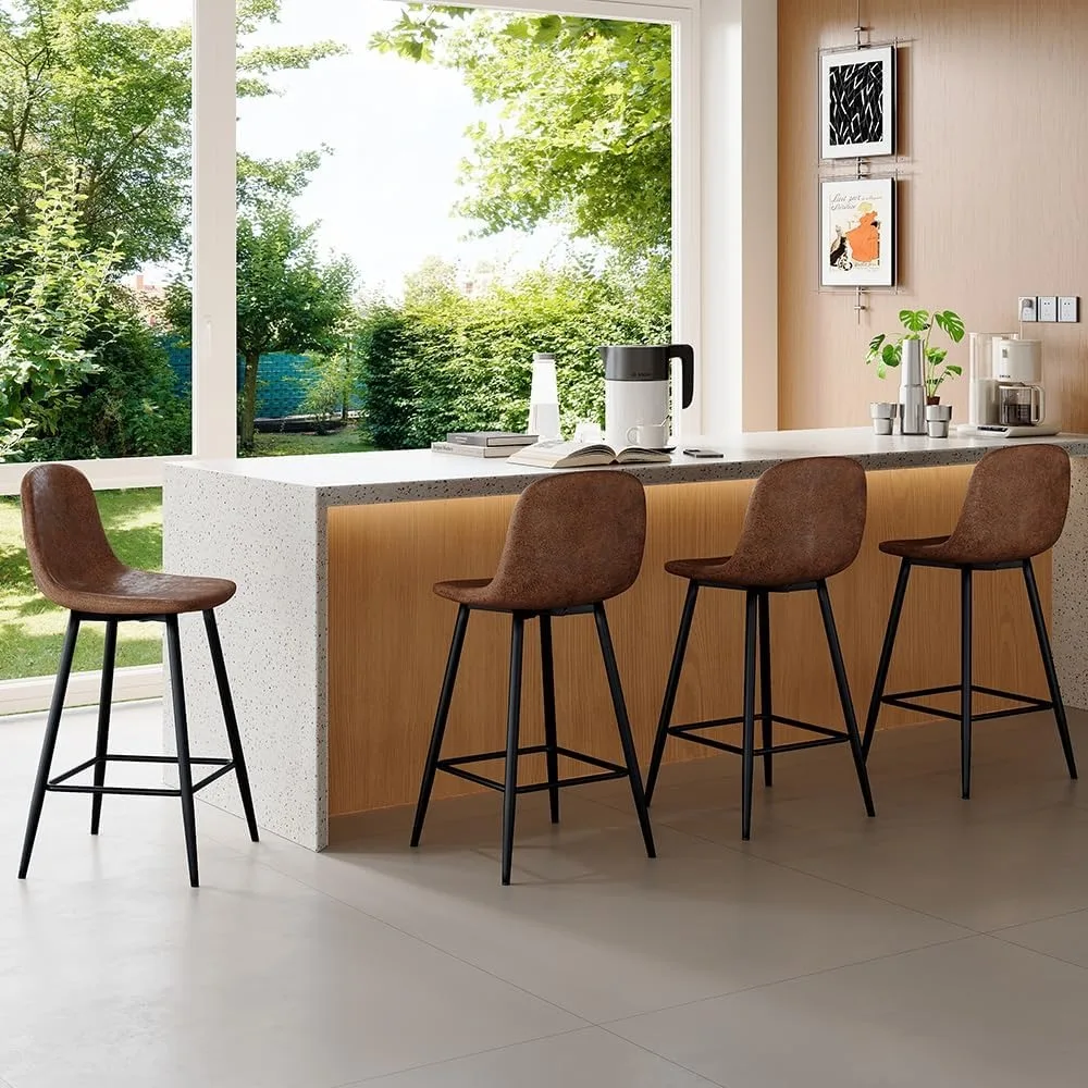 ชุดเก้าอี้บาร์สูง 24 นิ้วหุ้มผ้า 4 ตัวพร้อมพนักพิงและขาโลหะ