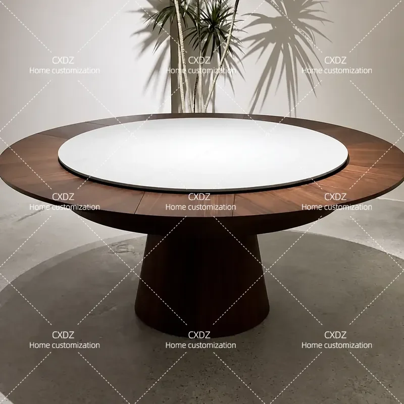 Slate Rotating Telescopic Round Dining Table Variable Size Multi Function Walnut Retro Home Furniture