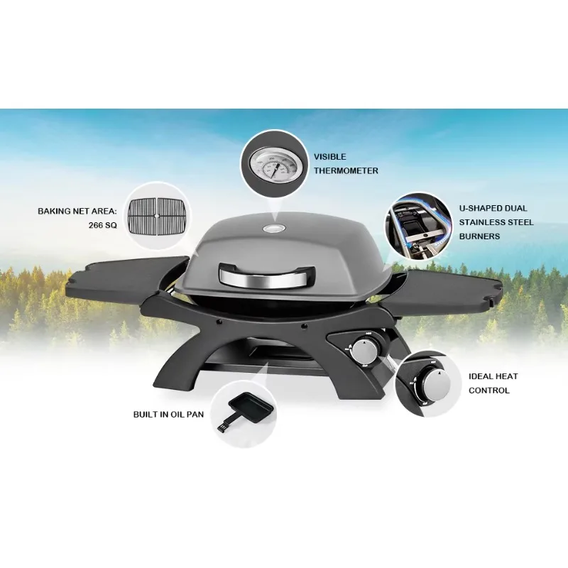 Portable Single Burner Professional Desktop Gas Grill U-Shaped Outdoor Camping BBQ Powder Coated Finish