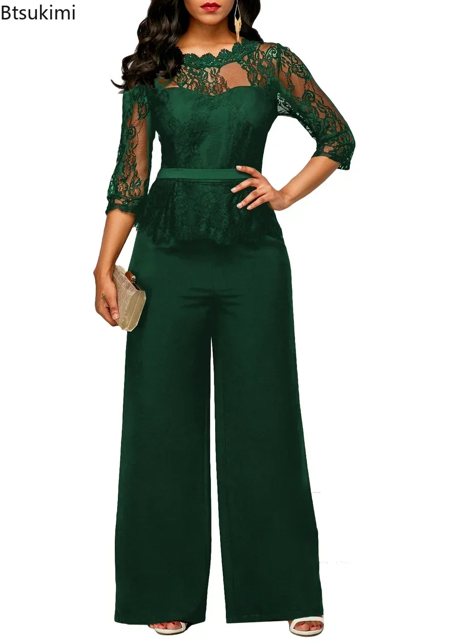 2024 Women\'s Elegant Lace Jumpsuit Pants Office Ladies Oversized Overalls Hollow Out Lace Sexy See Through Jumpsuit Trousers 5XL