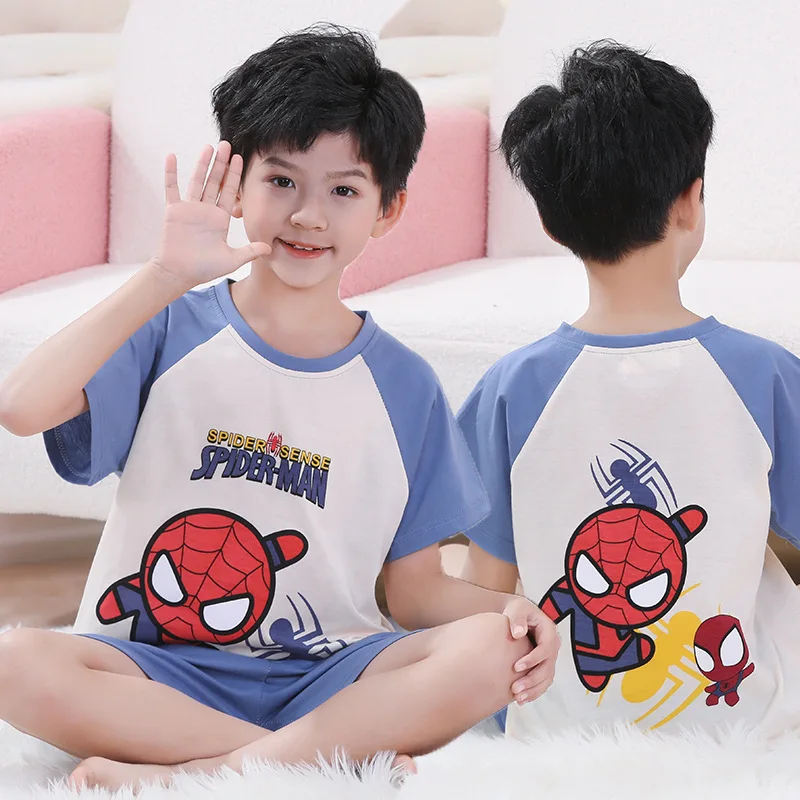 

2024 Spiderman Summer Children's Pajamas Girls Short Sleeve Round Neck Casual Suit Little Boys Cartoon Home Wear