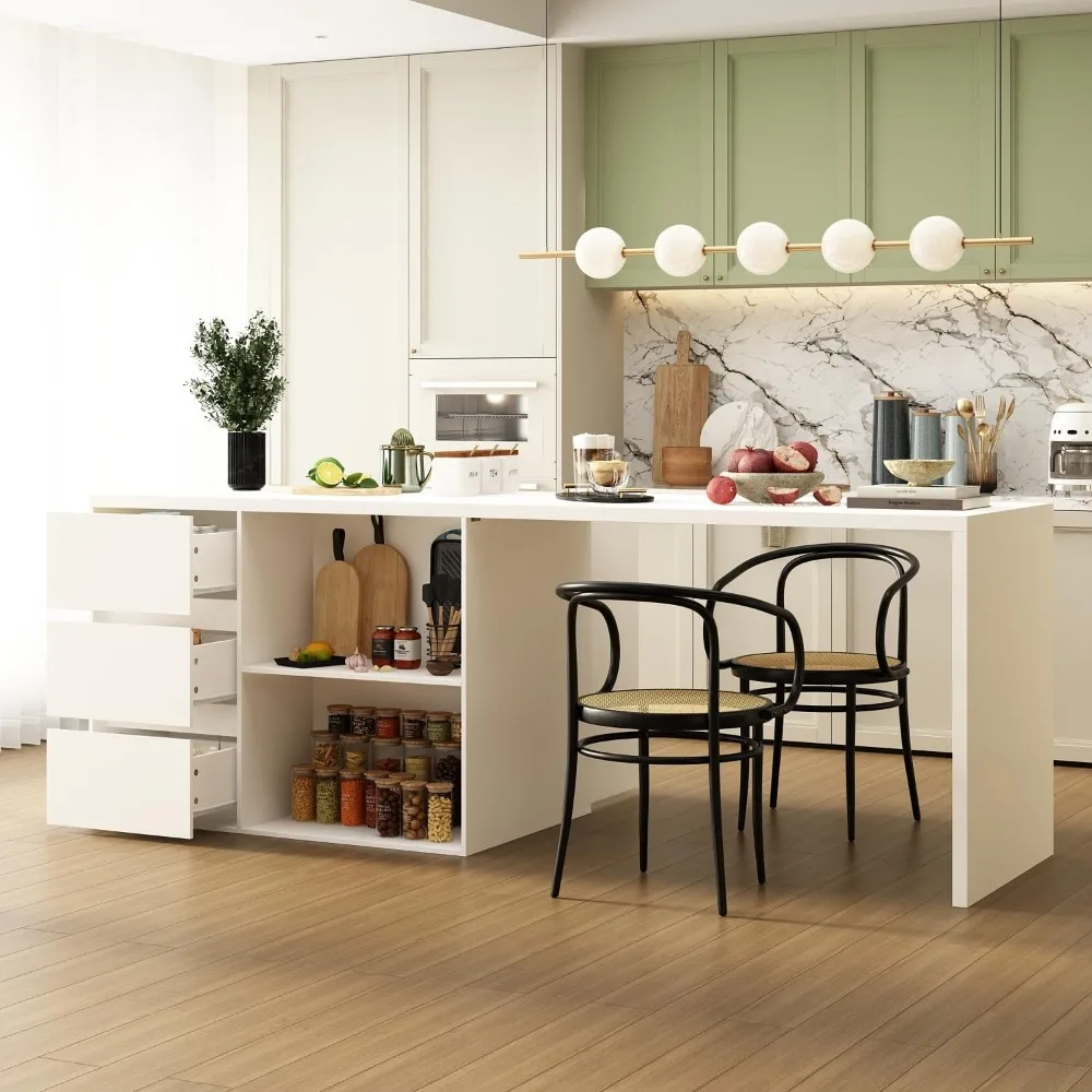 جزيرة المطبخ مقاس 80.7 بوصة مع مساحة تخزين، طاولة إعداد المطبخ الخشبية، خزانة تخزين قرطاسية بيضاء مع 3 أدراج، أرفف مفتوحة و2 كاليفورنيا #4