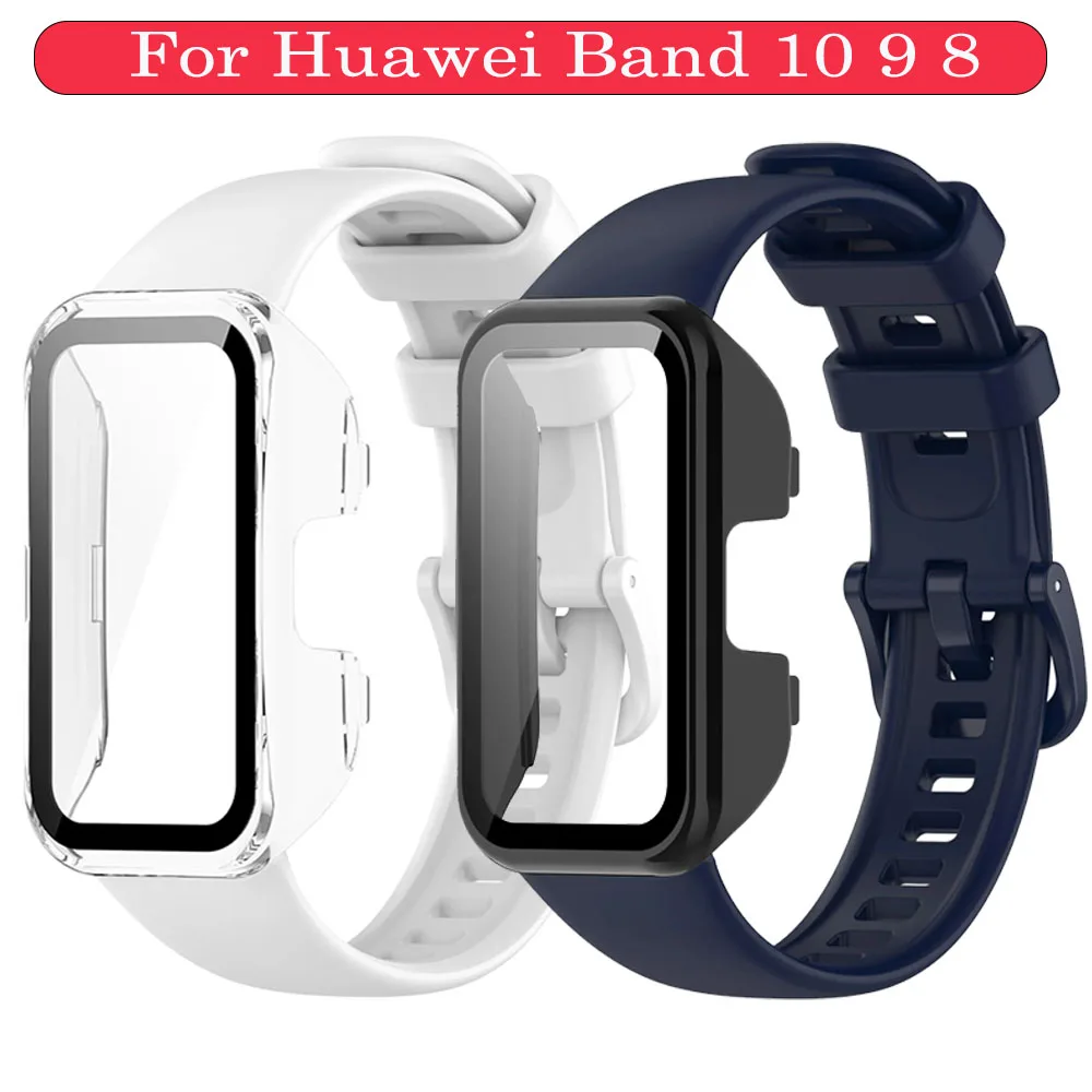 Pc Case+Silicone Strap For Huawei Band 10 9 8 Anti-fall HD Screen Tempered Shell And Sports Comfortable Band For Huawei Band 10