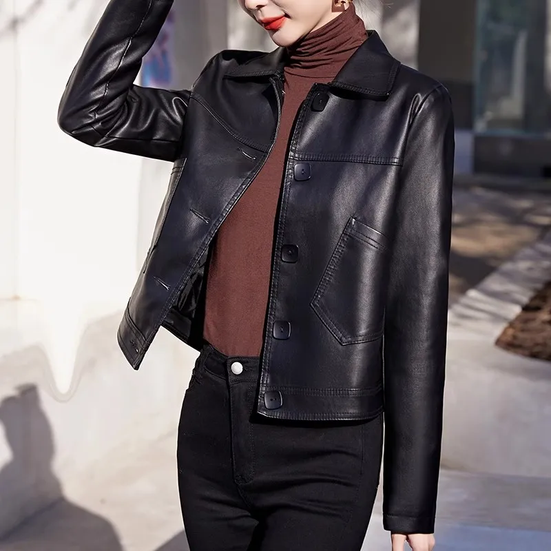 Marca ort Mujer piel de oveja Jaet Slim Fit Biker Sle primavera otoño Faion prendas de vestir exteriores con botones para ir al trabajo