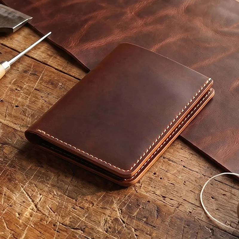 Personalized Leather Wallet Vertical Bifold Minimalist Card Holder Custom Engraved Top Grain Cowhide Slim Short Pocket Purse