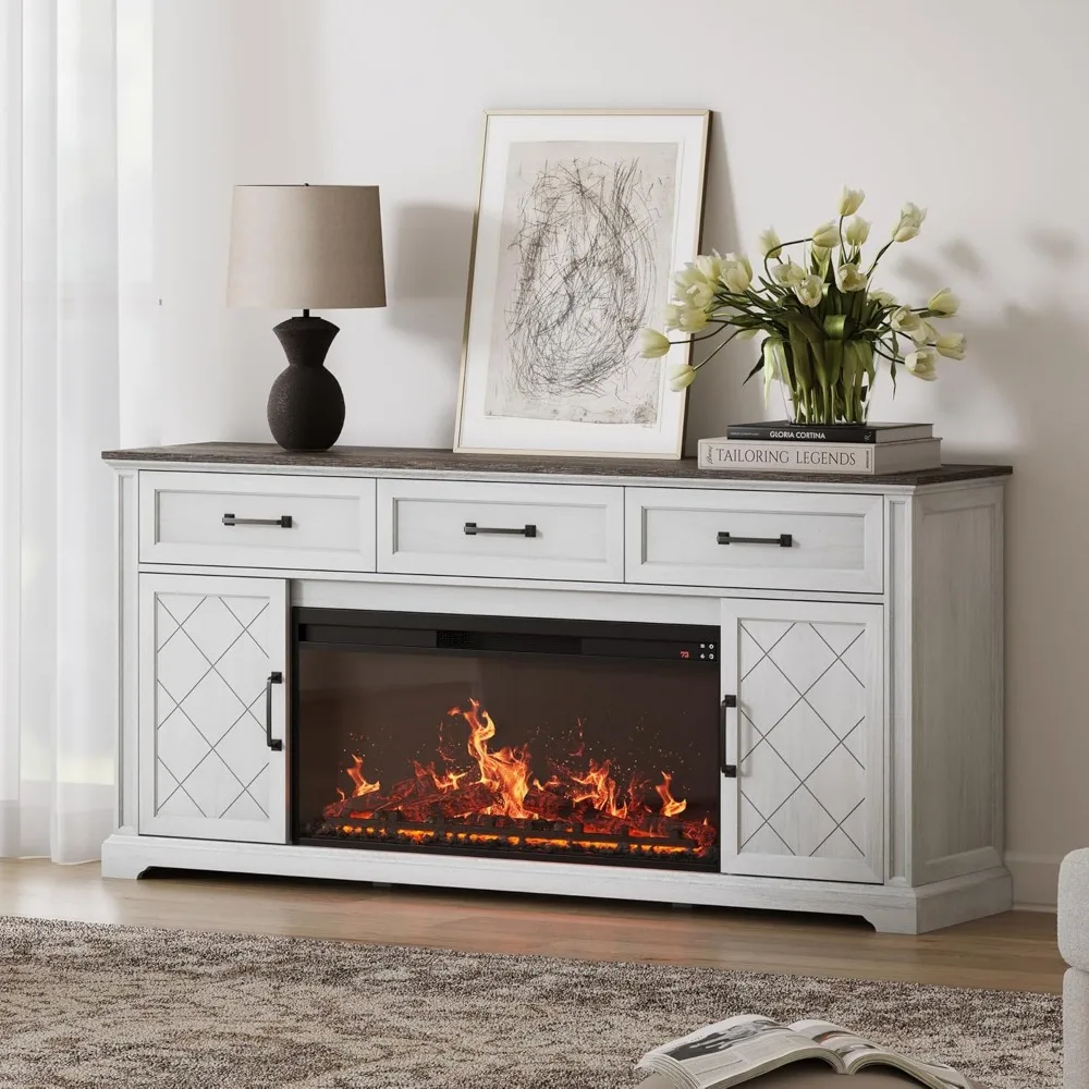 

BELLEZE 68" Farmhouse TV Stand with Electric Fireplace & Crackling Sound, Media Console with Storage Cabinets & 3 Drawers for TV