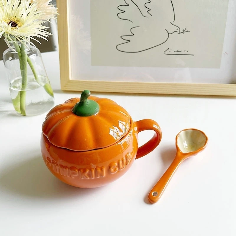 Ceramic Pumpkin Cup Thermos Cup with Lid Exquisite Breakfast Oatmeal Heat-Insulating Scalding-Proof Milk Mug Halloween Gift Cup