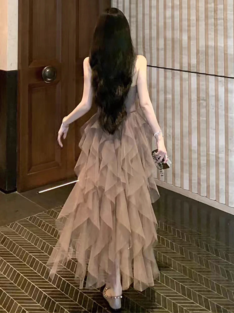 RORORIRI Desire V-neck Lace Stitch Mesh Tank Dress Women Asymmetric Ruffle Puffy Trailing Princess Dress Birthday Party Clothes