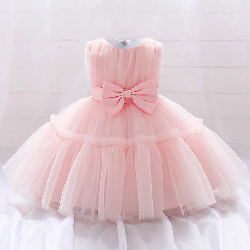 

First 1 Year Birthday Wedding Party Baptism Prom Kids Clothes Vestidos Pink White Toddler Lace Bow Dress Baby Girls Christening