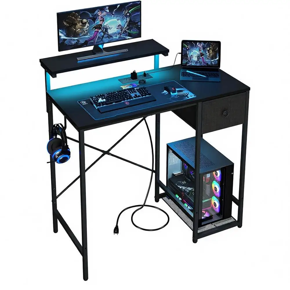 

Gaming Desk with LED Lights, Power Outlets, Compact Computer Desk, Monitor Stand, Storage Drawer, Side Hooks, Home Office, Bedro