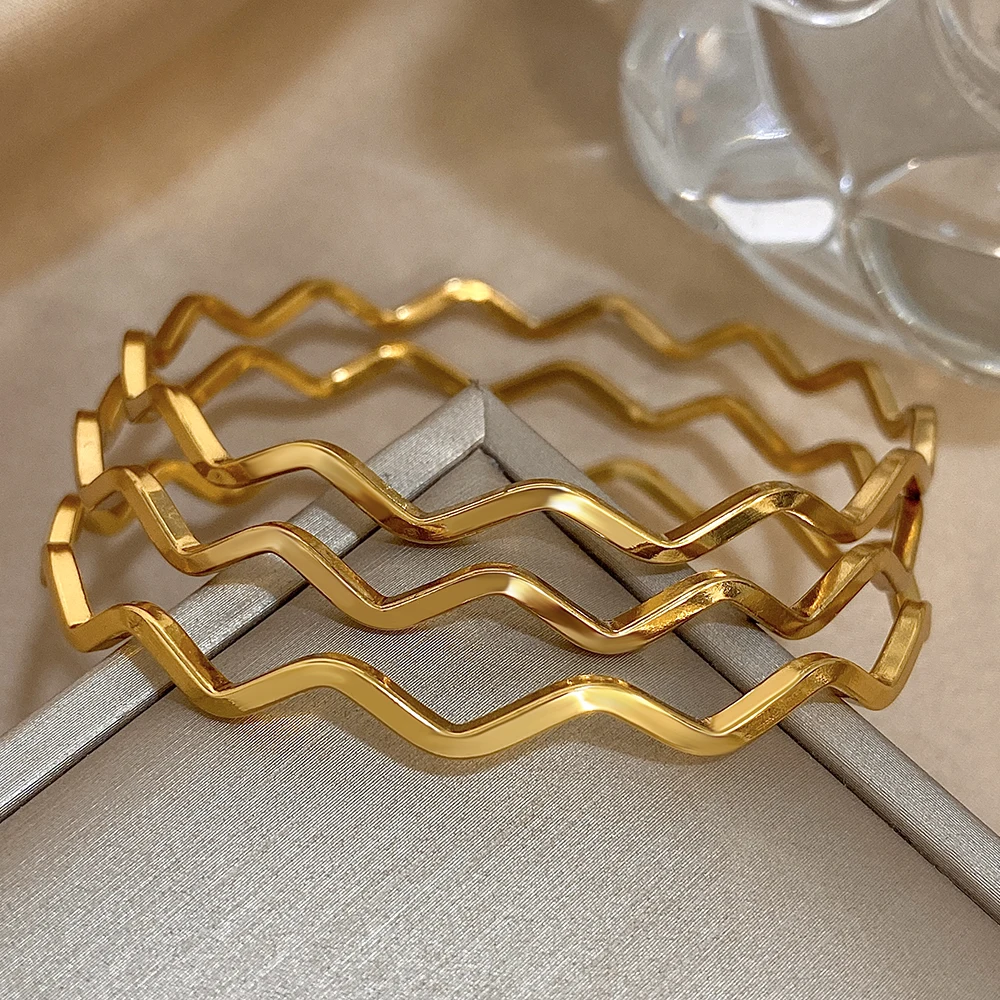 3pcs Glossy Gold Plated Stainless Steel Bracelet for Women Minimalist Wave Wristband Bangle Bracelets Waterproof Jewelry