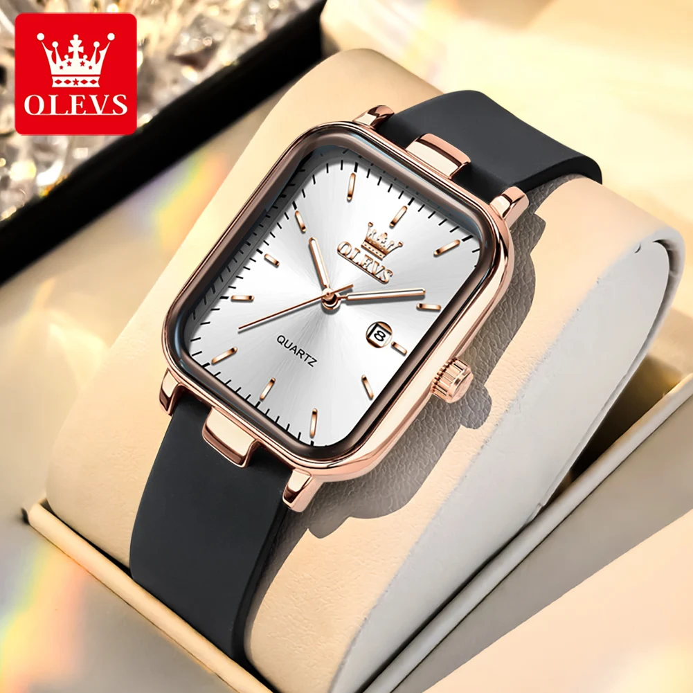 OLEVS 7089 Watch Woman Square Quartz Wristwatch Rubber Strap Waterproof Date Watches For Woman Original Elegant Set Gift Box