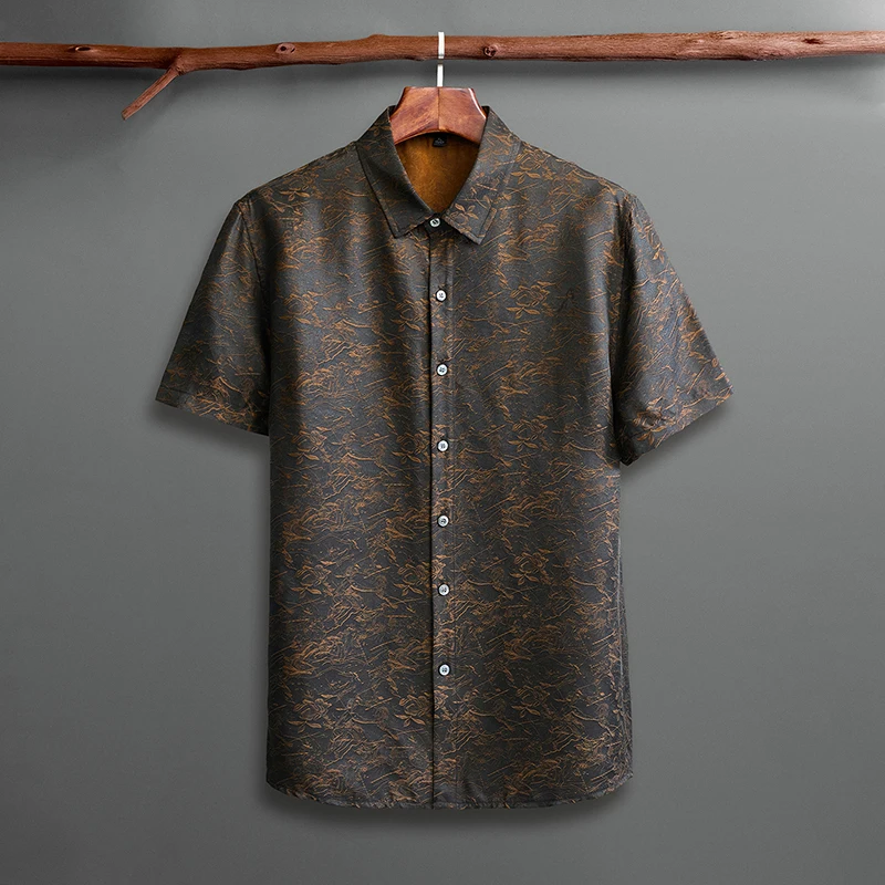 HT1906 Gambiered Canton Gauze Luxury Shirts For Men Short Sleeve Summer Quality 100% Silk Skin-Friendly Trendy Camisas De Hombre