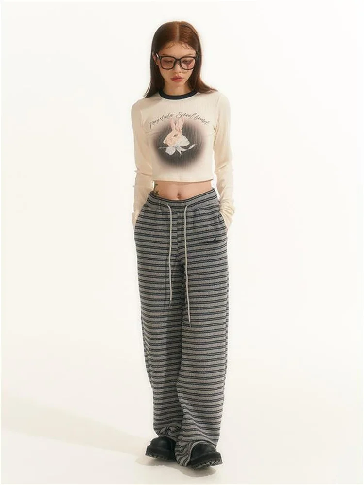 QWEEK Y2K Vintage Fleece Sweatpants Women Korean Fashion Winter Warm Basic Jogger Pants Oversize Harajuku Retro Striped Trousers