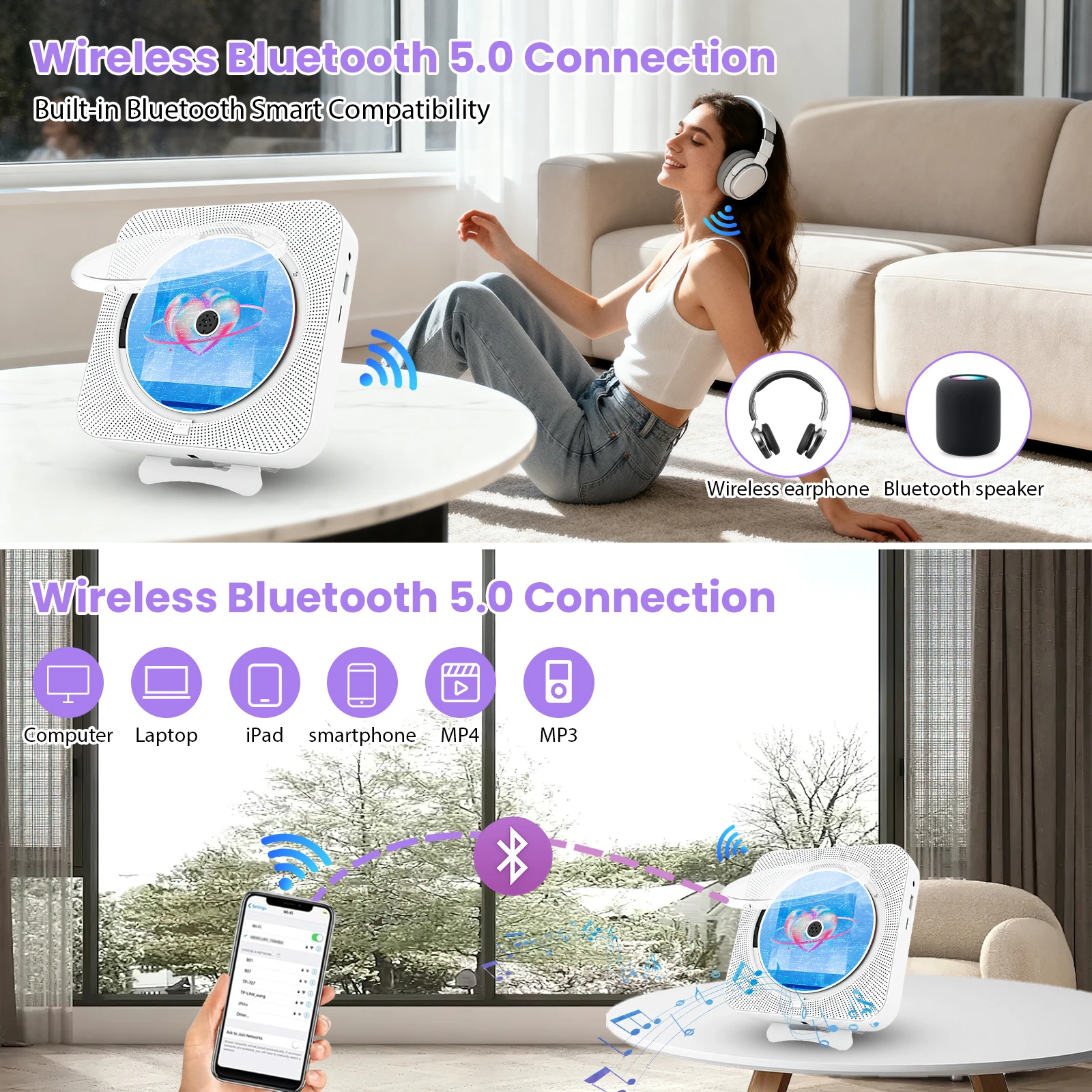Weiß Multifunktional CD-Player Bluetooth 5.0 Wandmontage, FM Radio, LED Display, Lautsprecher integriert, USB TF Karten Leser Tisch- und Wandgerät – Detail 2