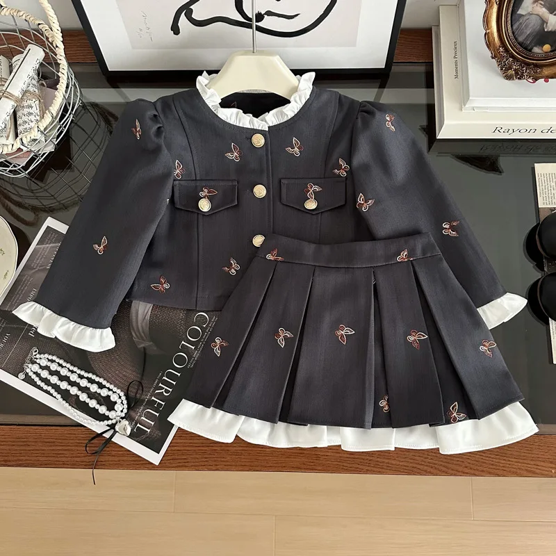 Girls\' Spring and Autumn New Style Long Sleeve Western Style Lace Plaid Princess Dress