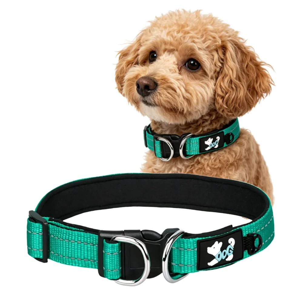 Reflective Comfort Lined Dog Collar with Double D-Ring for Medium to Small Dogs Adjustable Pet Leash for Enhanced Visibility