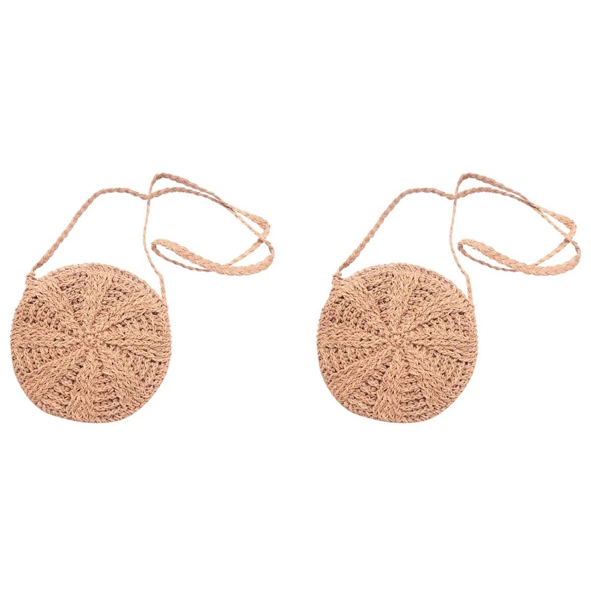 

2X Rattan Crochet Straw Woven Basket Bali Handbag Round Circle Crossbody Shopper Beach Tote Bag（Light Brown）