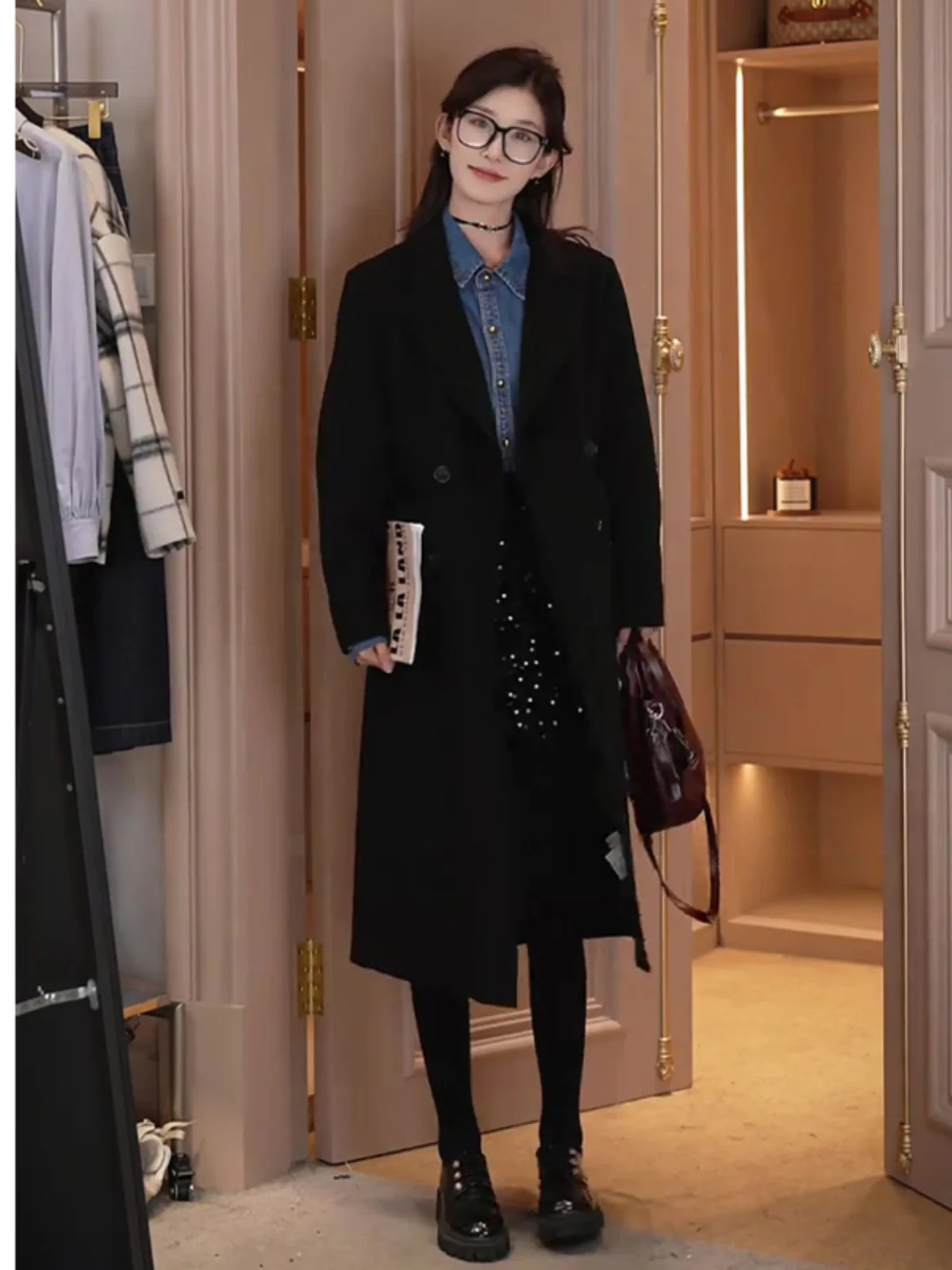 

Donna Women's Autumn Winter Hepburn Sle Suit Woolen Coat Medium Length Double Breasted Lapel Long Coat Korean Sle