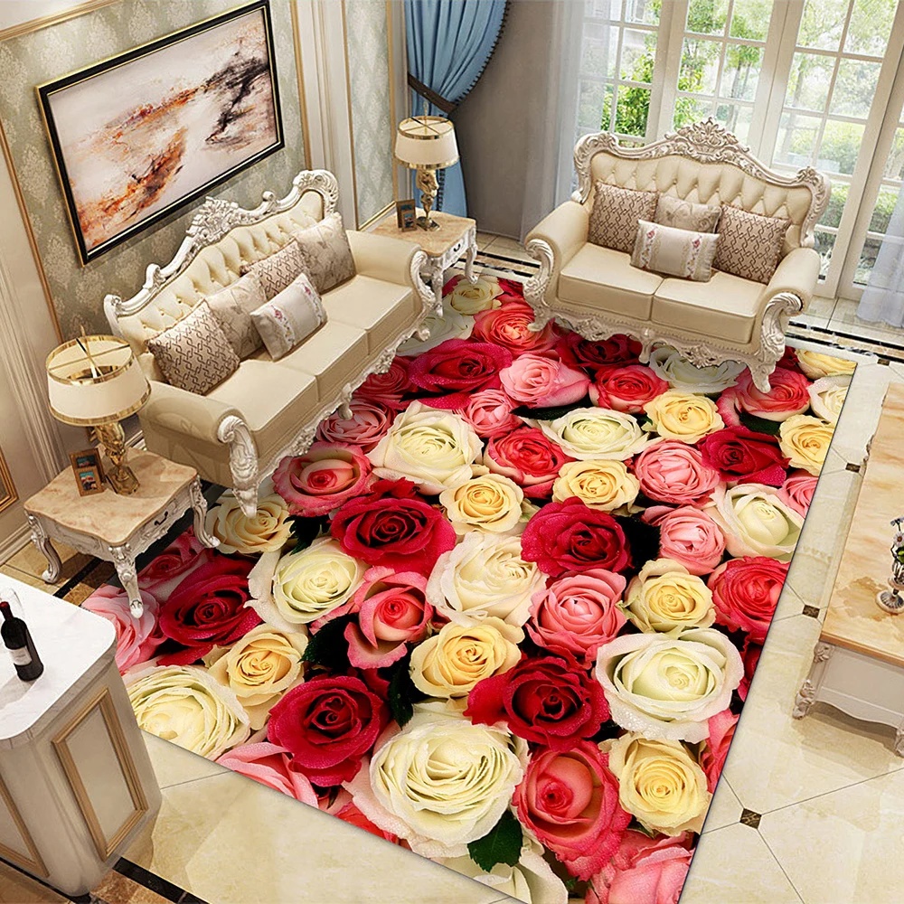 

HXRose Carpets 3D Graphic Floral Pattern Area Rug Flannel Carpet for Living Room Funny Floor Mat Kitchen Mats for Floor