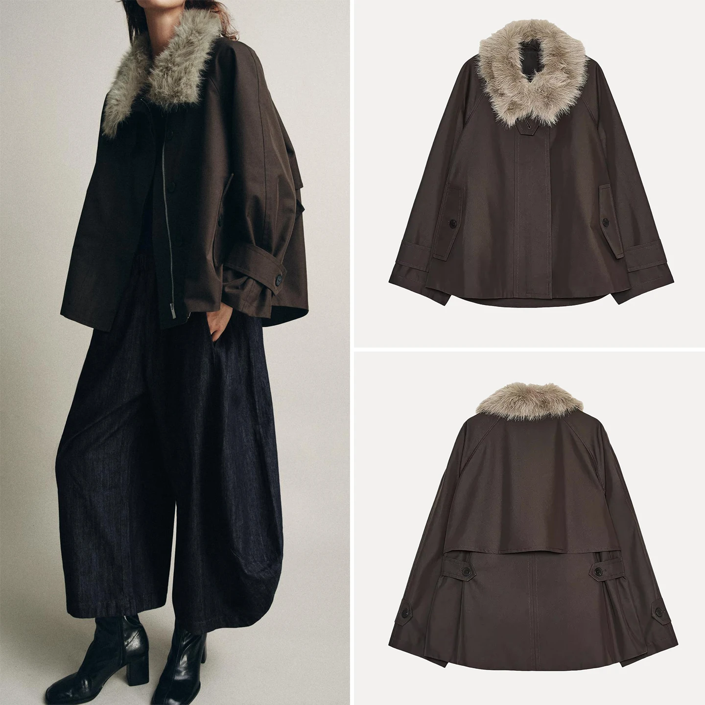 

Z женское модное пальто со съемным меховым воротником-стойкой, длинная застежка-молния, повседневная верхняя одежда для женщин