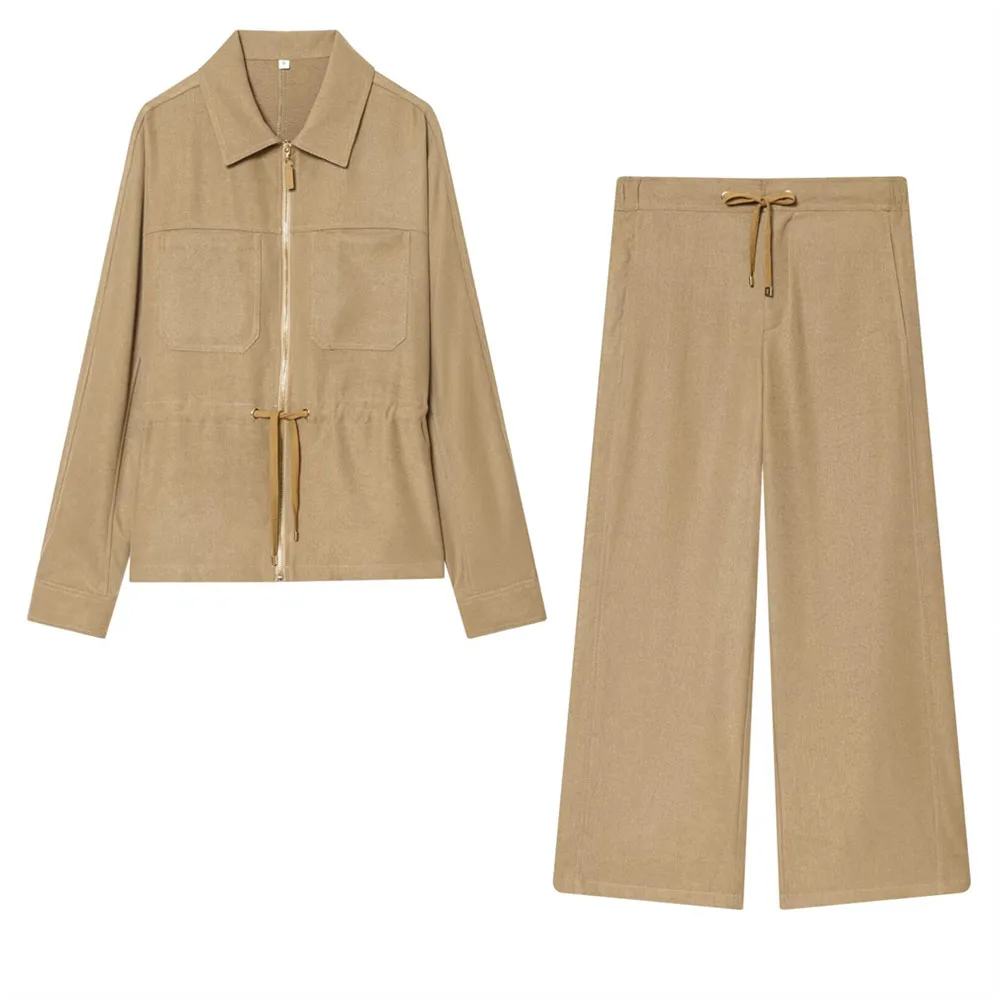 Winter nieuwe damesmode kraag verstelbare taille zak decoratie jas en wijde pijpen casual broek