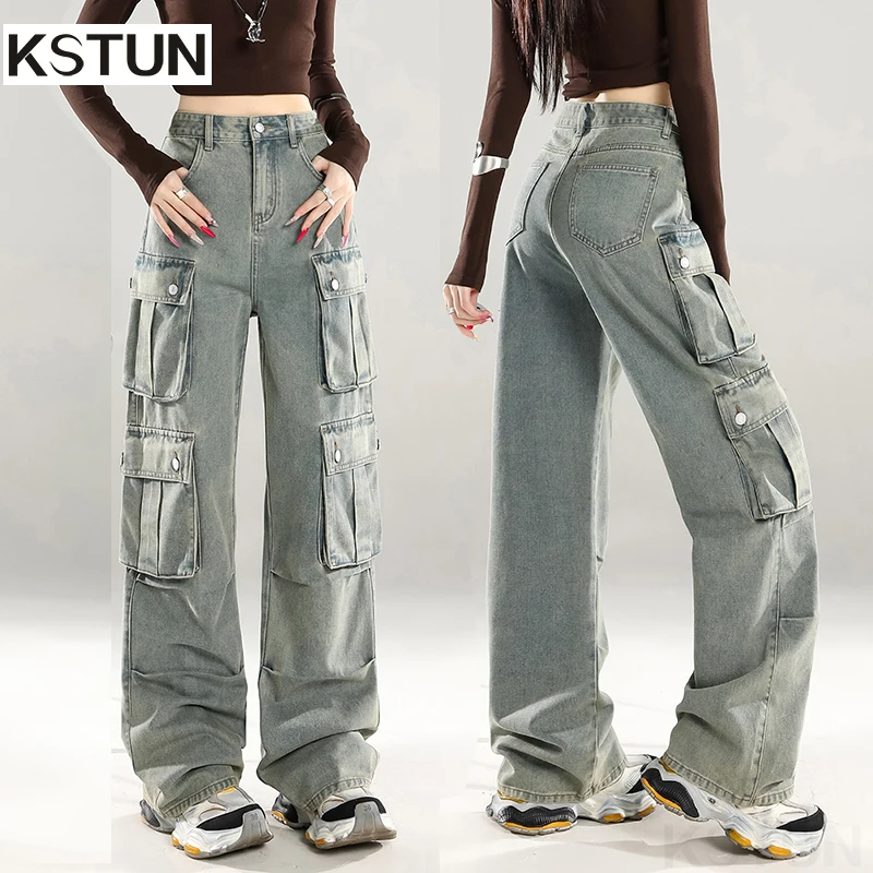 

KSTUN Американские ретро джинсы-карго с несколькими карманами, прямые джинсовые брюки с высокой талией и широкими штанинами, повседневные брюки большого размера, уличная одежда