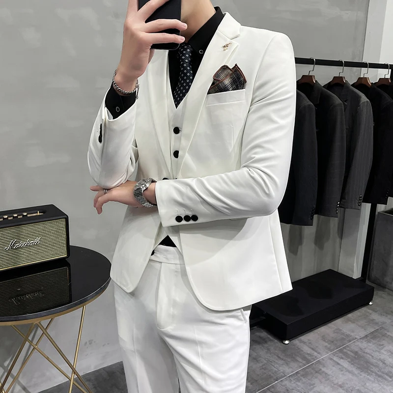 (Jacket + Vest + Pants) High-end Brand Boutique Fashion Solid Color Business Office Mens Casual Business Suit Groom Wedding Gown