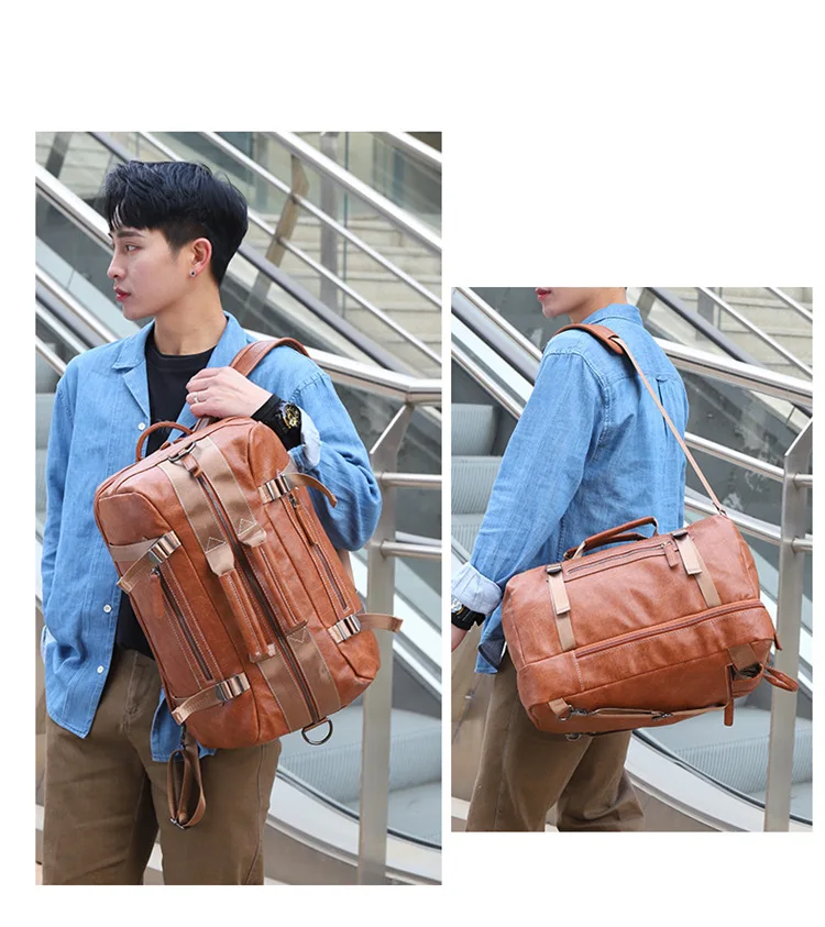 Men's backpack, large capacity PU leather men's backpack, computer bag, can be carried by hand, can cross diagonally, multi-purp