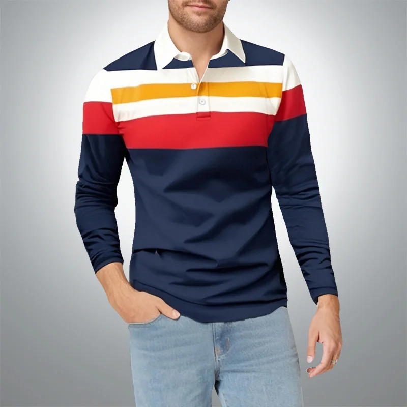 

Spring and Autumn men's long sleeved polo shirt, classic business casual polo shirt, 3D striped printed casual Sports T-shirt