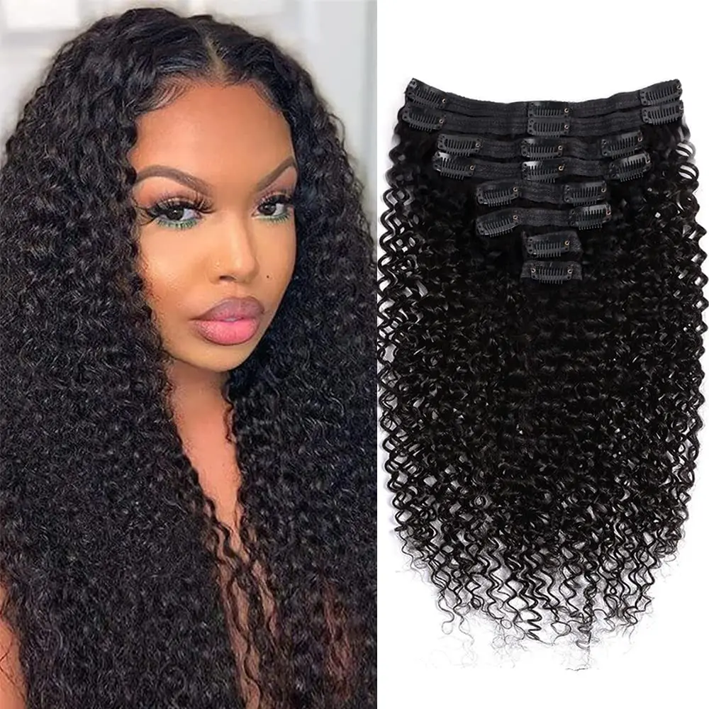 

120g/Set Natural Color Black Kinky Curly Hair Extensions Clip 8 Pieces Human Hair For Women Curly Clip In Hair Extensions