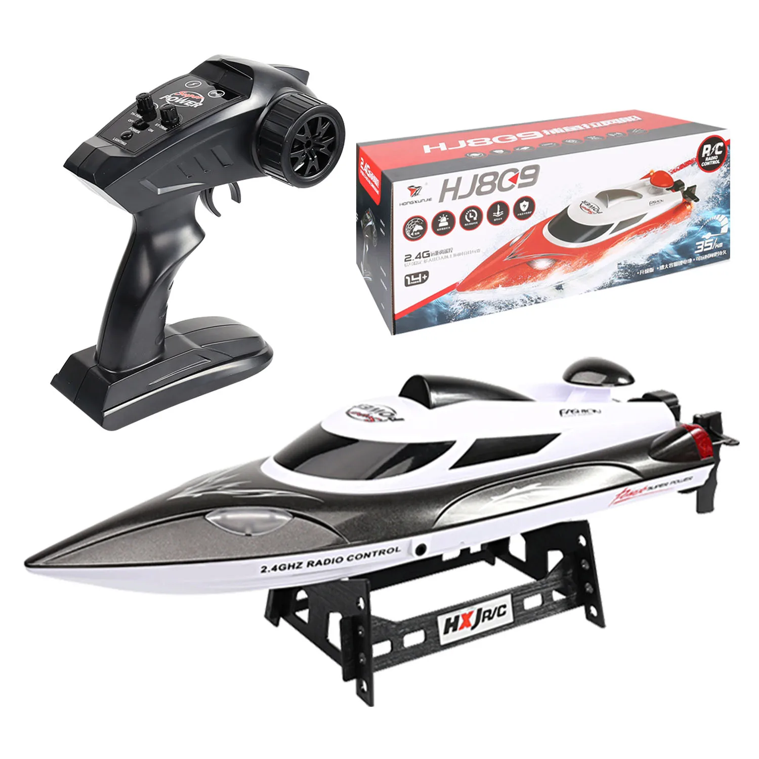 HJ809 RC Fishing Boat 2.4G Waterproof 35Km/h High Speed Racing Boat Colorful LED Lights RC Speedboat 3000mAh Battery