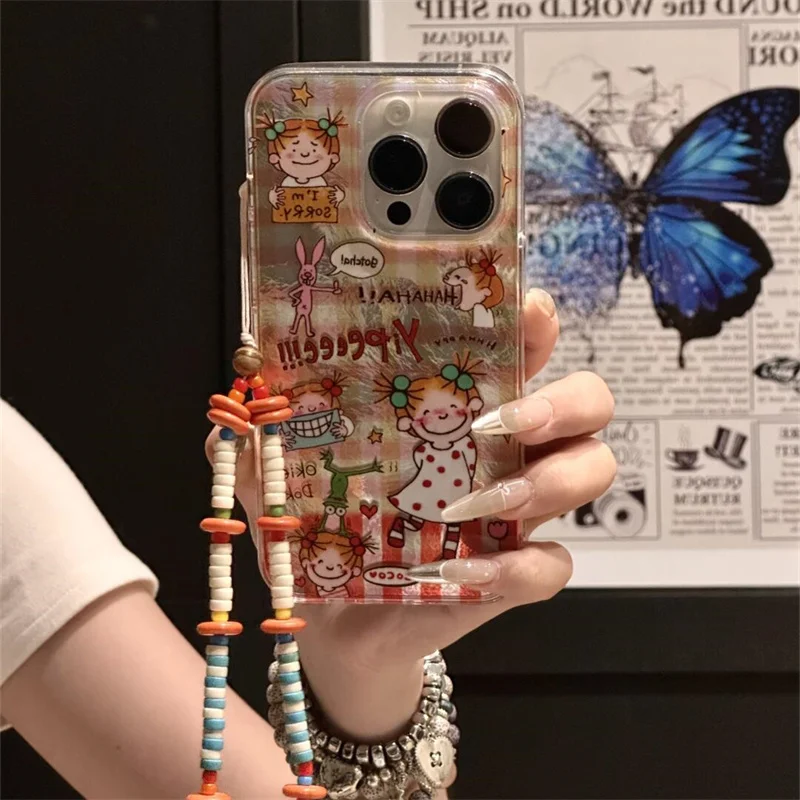 Whirlpool pattern cute grid pattern girl phone case with phone chain for iPhone 11 12 13 14 15 16 pro max