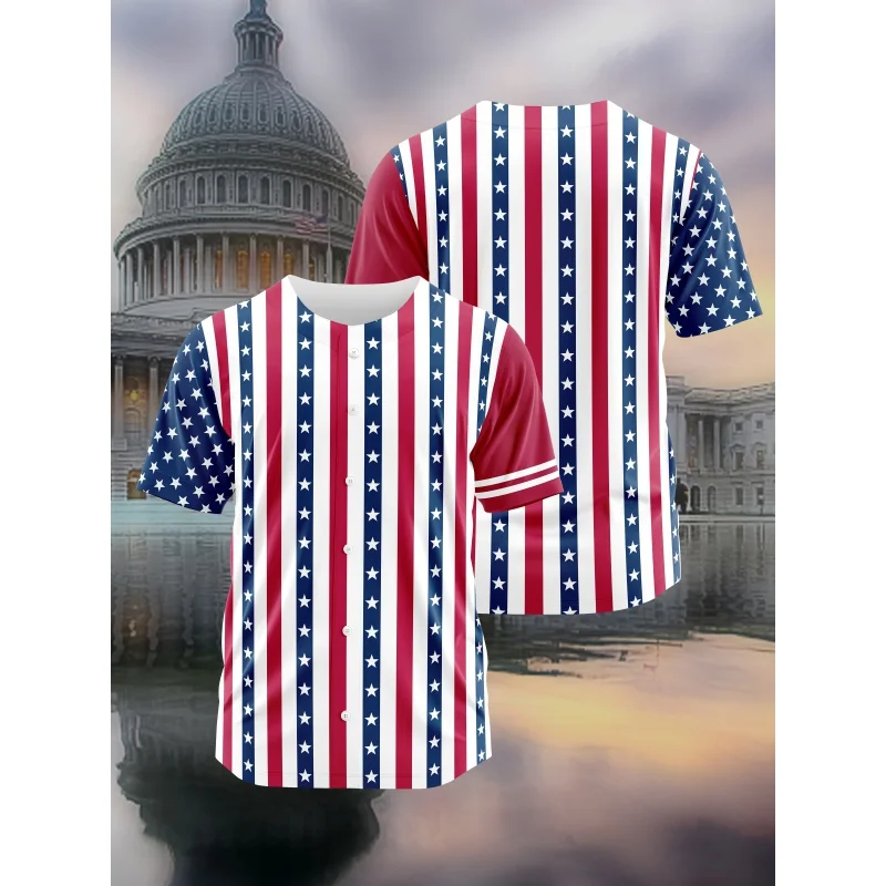 

Stripes & Stars pattern print men's casual short sleeve V-neck loose button up shirt, men's summer baseball jersey