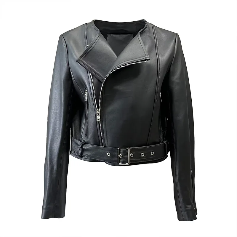 Real Leather Jacket Spring Autumn New Arrivals Women Sheepskin Leather Coat Belt Lady Crop Jackets FG5566