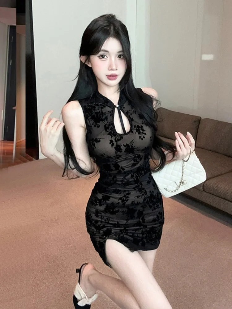 

Сексуальное китайское облегающее платье-ципао с вырезами, короткая юбка с завышенной талией из эластичной ткани для женщин