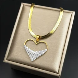 Crystal Love Heart Pendant Necklace Choker for Women Stainless Steel Gold Color Blade Chain Necklaces Jewelry Valentines Gifts