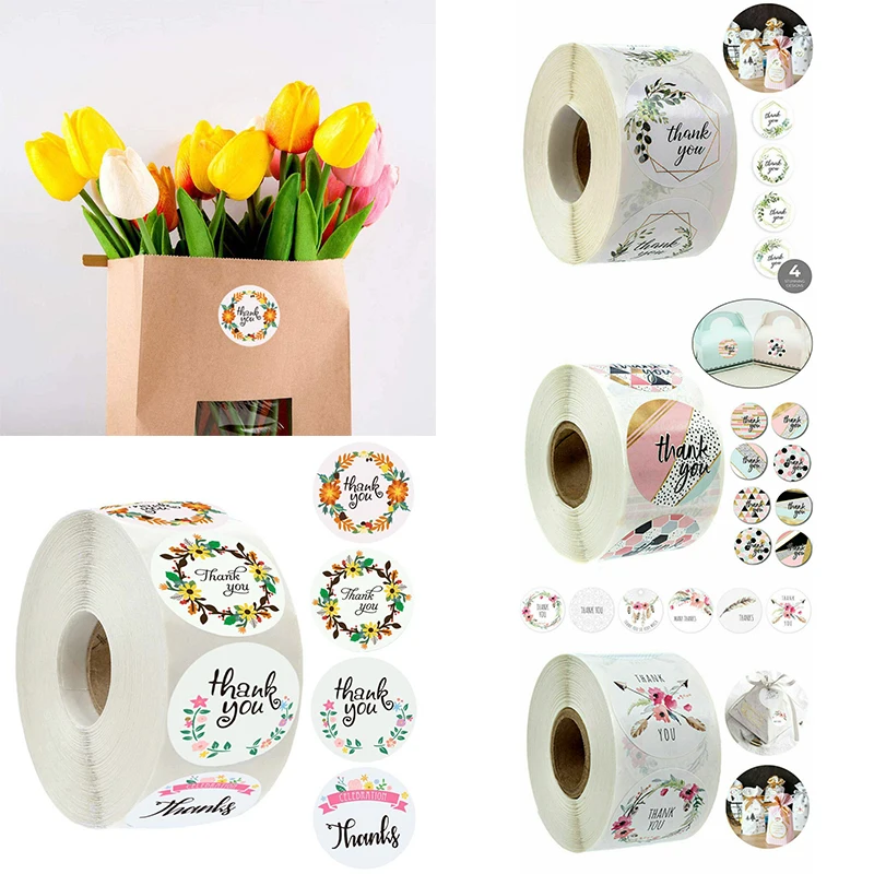 500 Pcs Floral Round thank you stickers Adhesive labels Waterproof for wedding party decorations Boutiques Wrapping Supplies