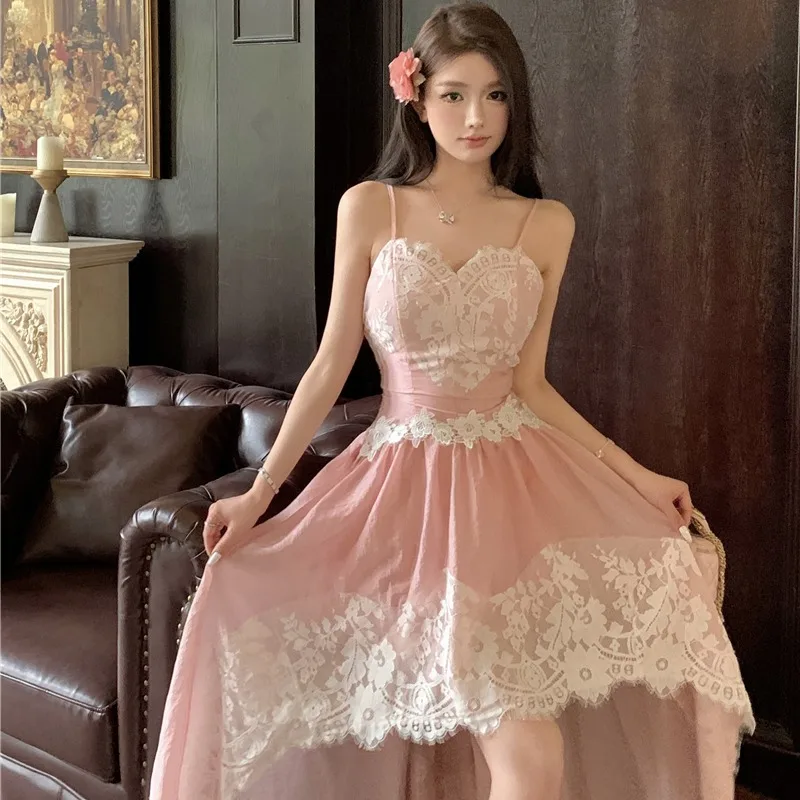 ฤดูร้อนผู้หญิง Fairy ชุดเจ้าหญิงไม่สม่ําเสมอสปาเก็ตตี้สายคล้องลูกไม้ Patchwork ชุดปาร์ตี้ Backless ผู้หญิง Hotsweet สาวชุด