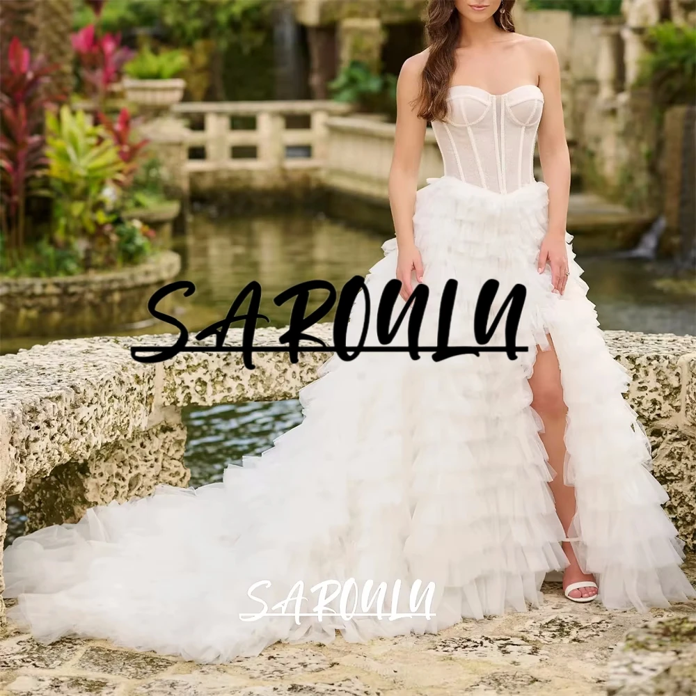 

Stylish Fluffy Wedding Dress for Women Customized Size Corset Bridal Gown Side Slit Court Train Women‘s Wedding Party Dresses