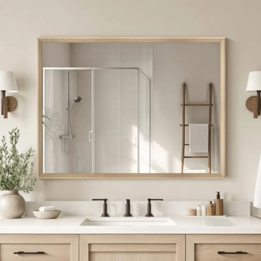 

Bathroom Living Room Oak Wood Effect Framed Wall Mirror 30x40 Anti-desilvering Tempered Glass Sustainable Sturdy Frame Farmhous